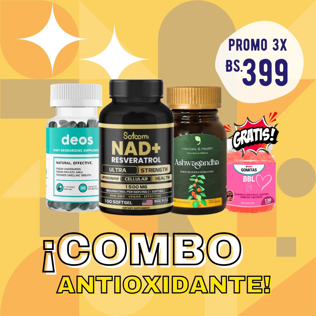 Combo Antioxidante Nad resveratrol + Aswhagandha + Deos + regalo un frasco de gomitas funcionales